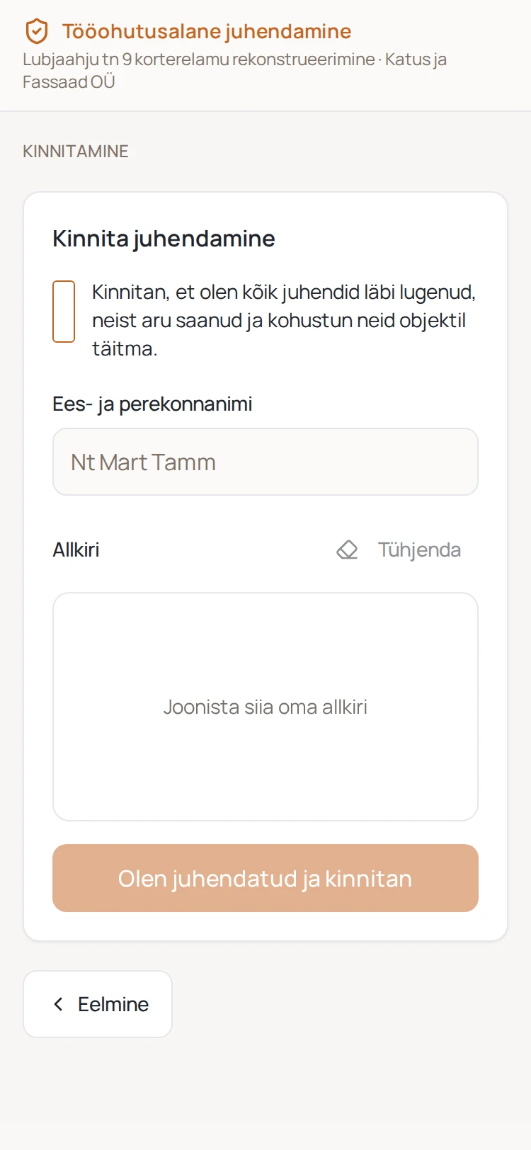 Tööohutuse juhendamine telefonis, allkiri ekraanil