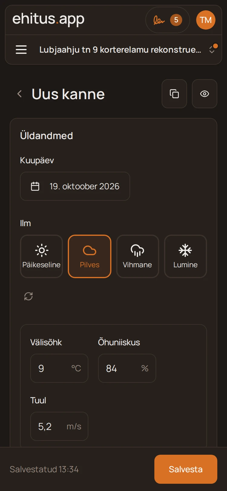 Ehituspäeviku kanne telefonis