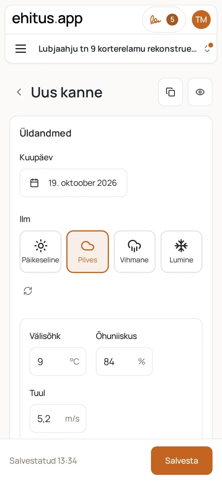 Ehituspäeviku kanne telefonis