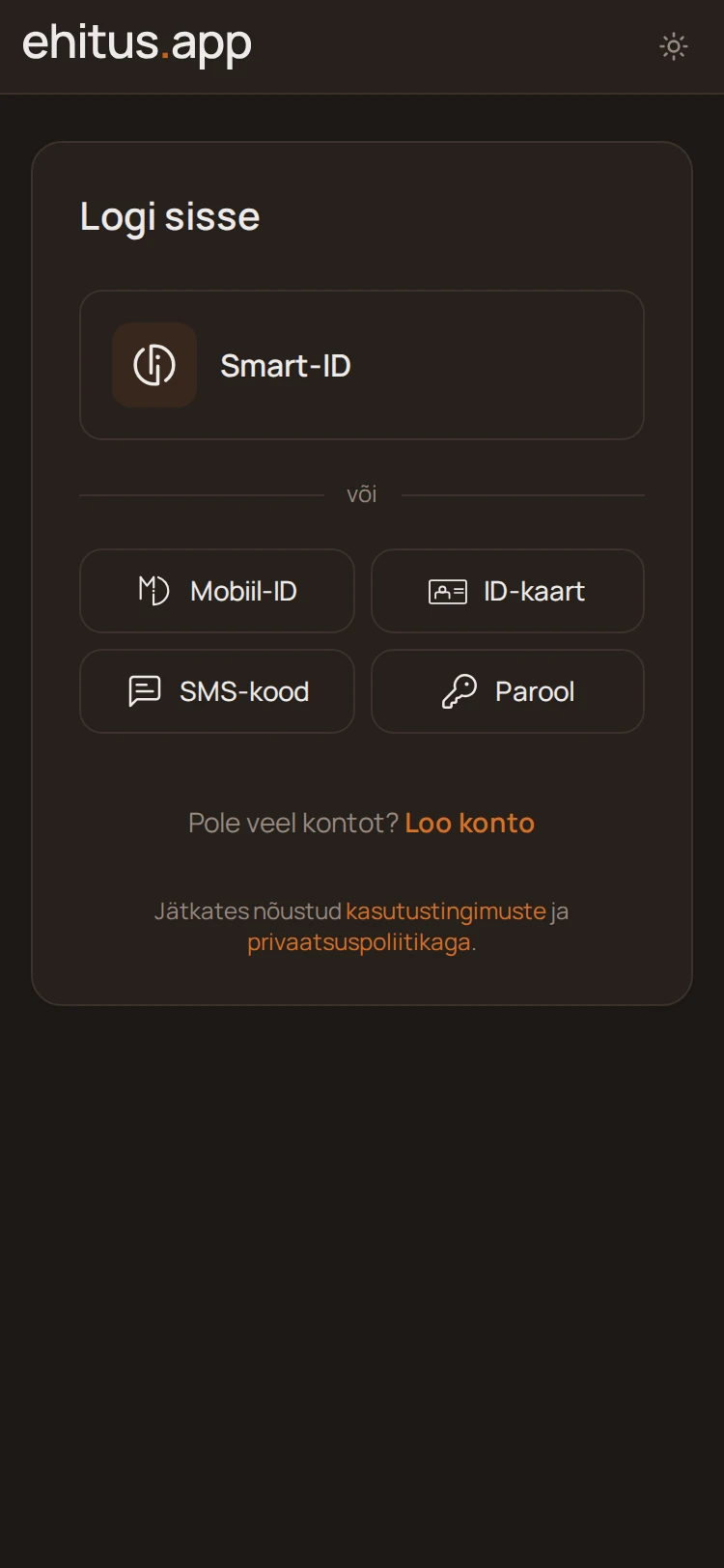 Ekraanipilt: Konto loomine ja sisselogimine