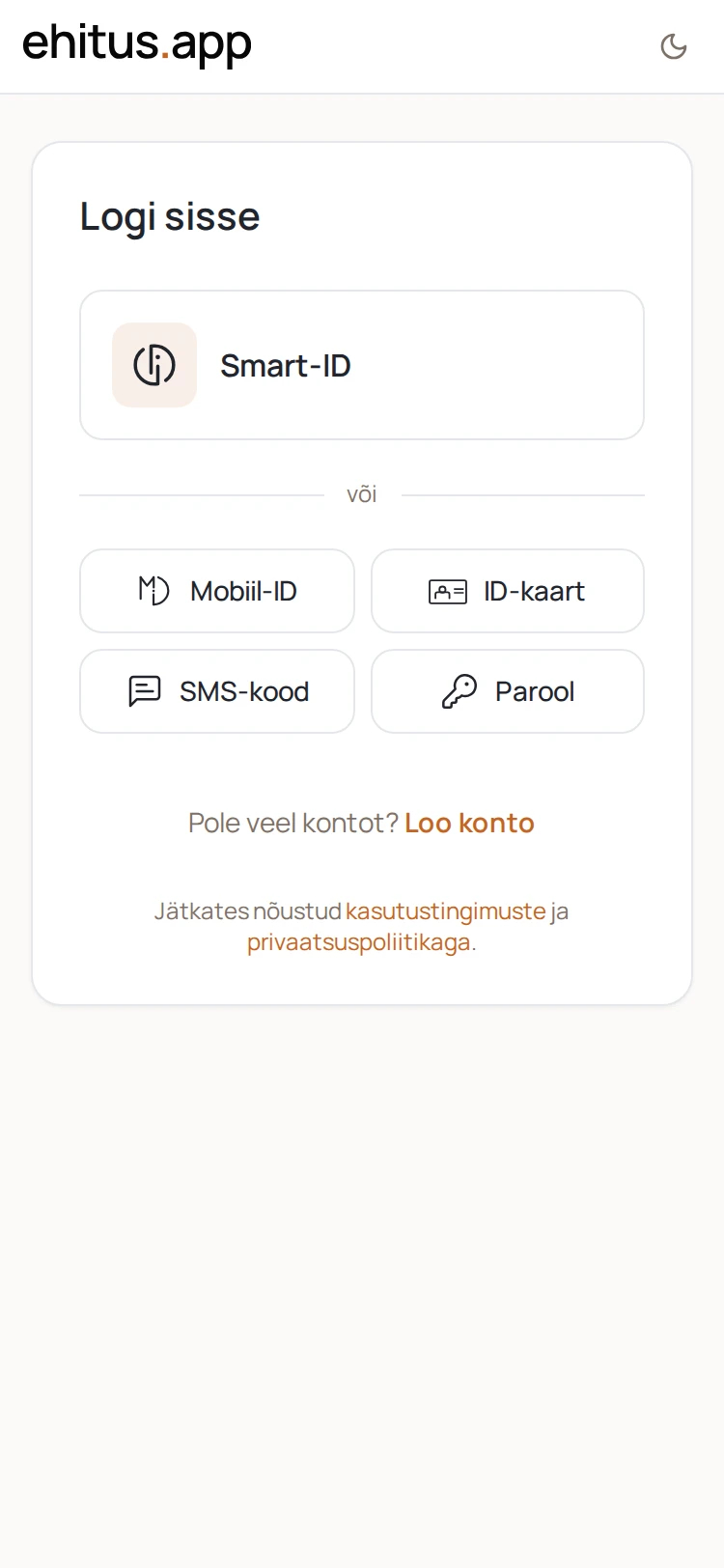 Ekraanipilt: Konto loomine ja sisselogimine