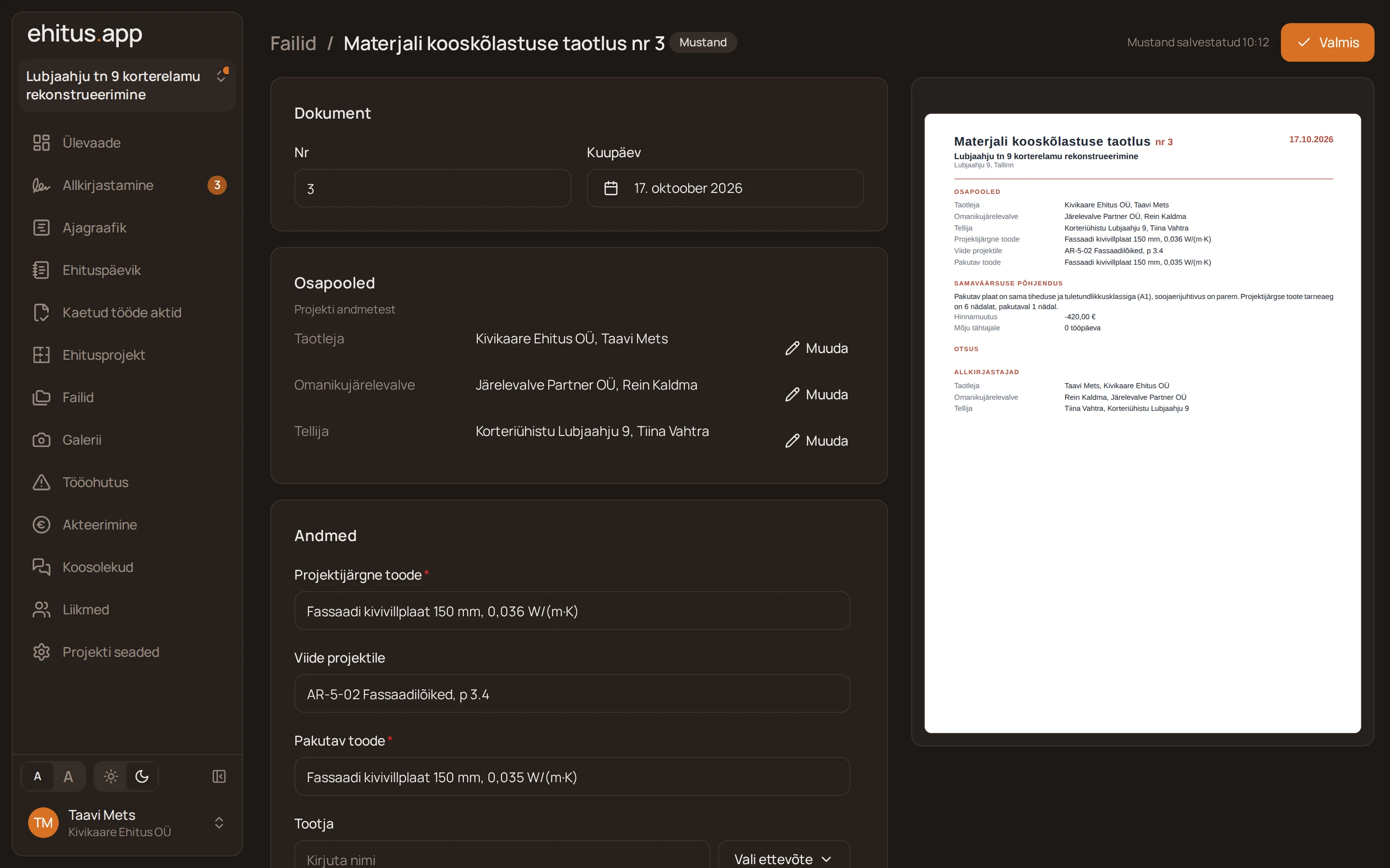 Dokumendimall täitmisel, kõrval valmis PDF