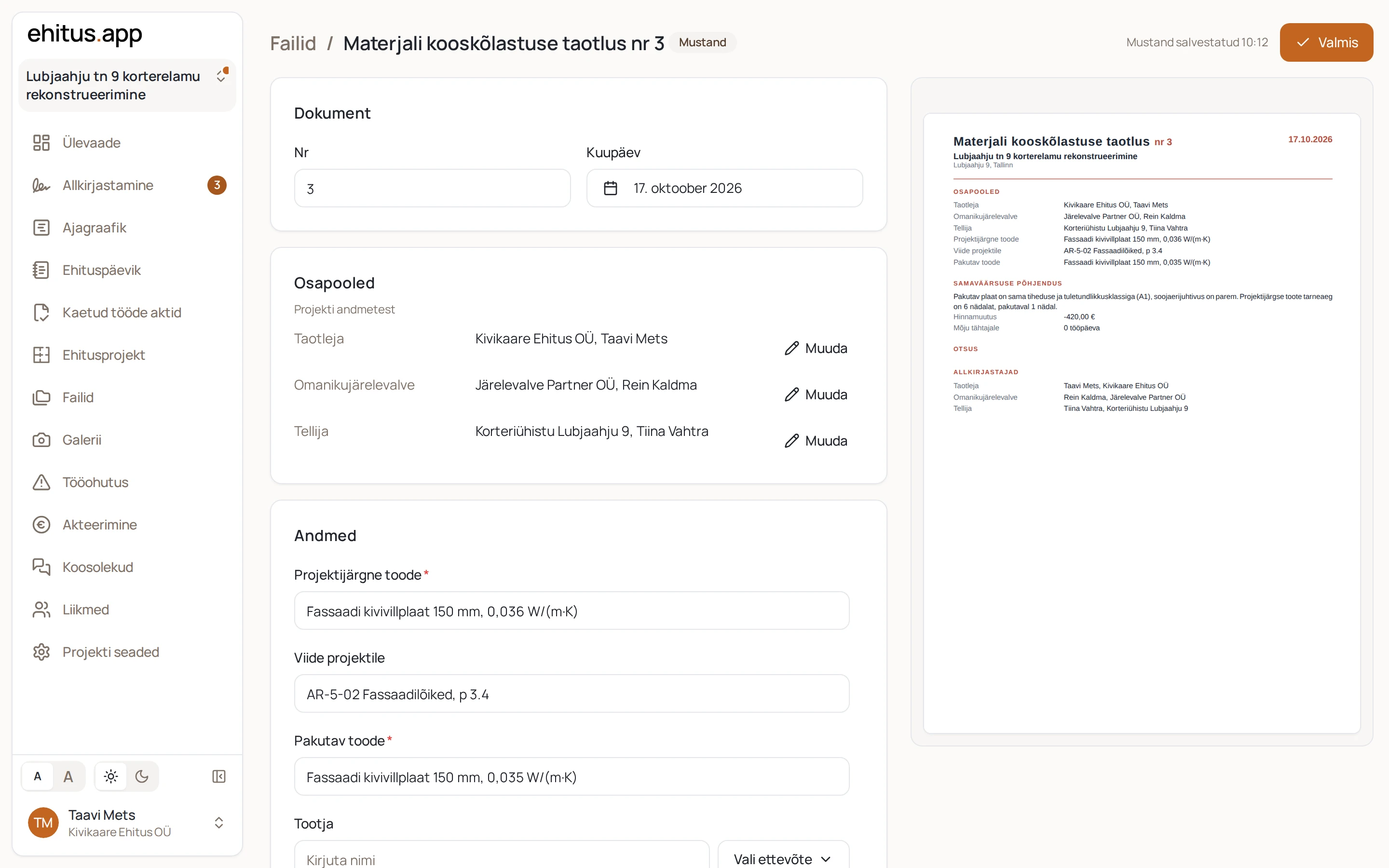 Dokumendimall täitmisel, kõrval valmis PDF