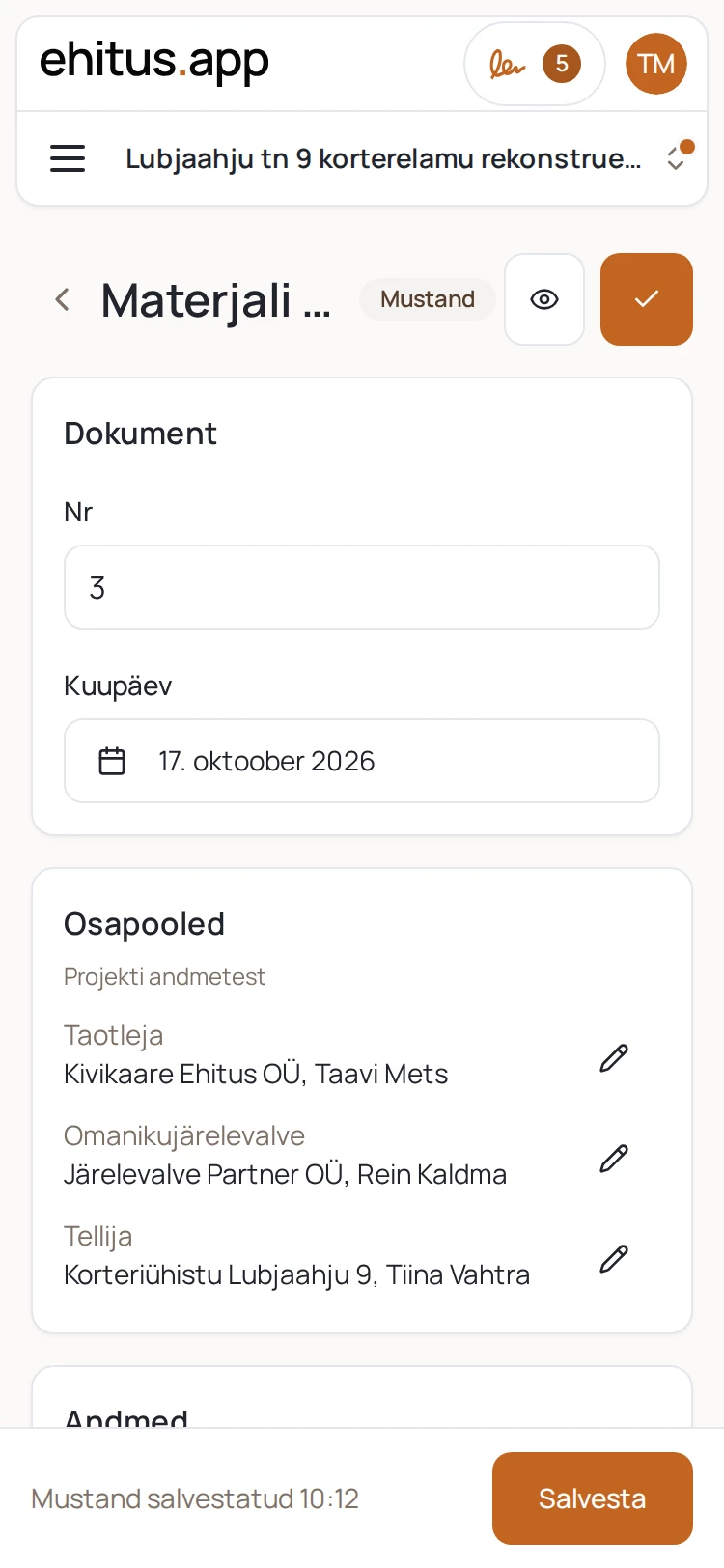 Dokumendimall täitmisel telefonis